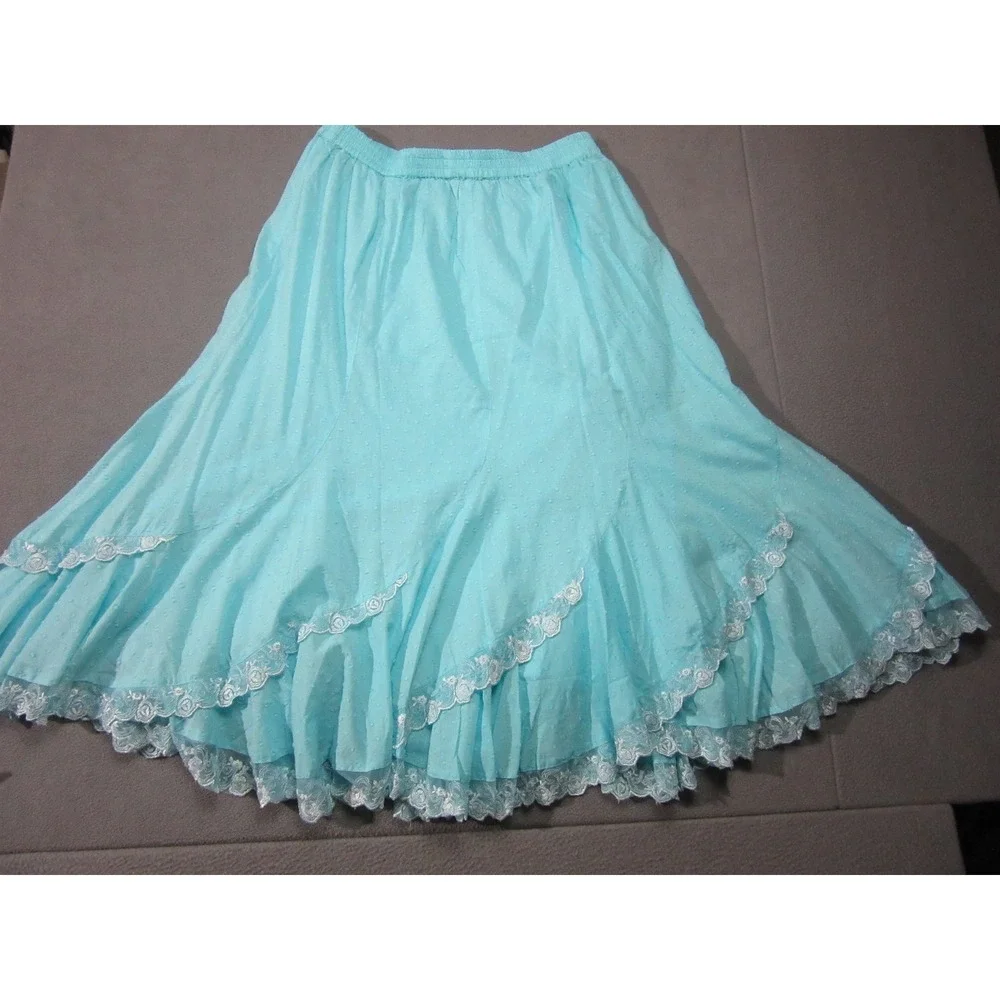 Denim 24/7 Midi Skirt Womens 18W Aqua Blue Swiss Dot Lace Trim Boho Western